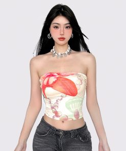Vintage Floral Print Cropped Strapless Top for Women - 90s Inspired Summer Vacation Style
