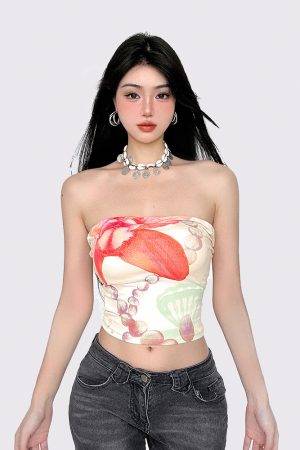 Vintage Floral Print Cropped Strapless Top for Women - 90s Inspired Summer Vacation Style