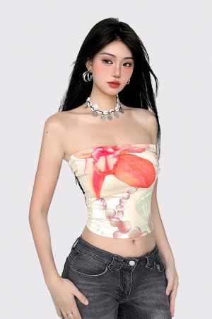 Vintage Floral Print Cropped Strapless Top for Women - 90s Inspired Summer Vacation Style