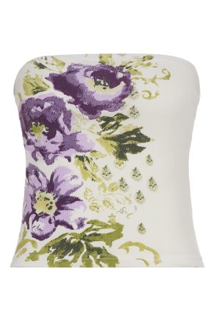 Vintage Floral Print Cropped Strapless Top for Women - 90s Inspired Summer Vacation Style
