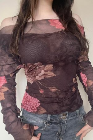 Vintage Floral Print One-Shoulder Mesh T-Shirt with Dried Rose Design - 90s Inspired Short Top for a Romantic Look