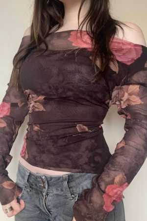 Vintage Floral Print One-Shoulder Mesh T-Shirt with Dried Rose Design - 90s Inspired Short Top for a Romantic Look