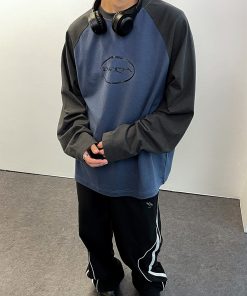 Vintage Floral Raglan Long Sleeve T-shirt in Blue Gray and White - 90s Inspired Design with Roaring Beast Logo