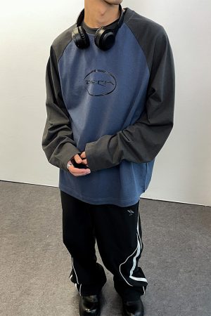 Vintage Floral Raglan Long Sleeve T-shirt in Blue Gray and White - 90s Inspired Design with Roaring Beast Logo