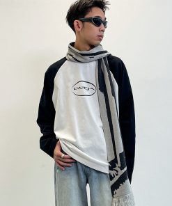 Vintage Floral Raglan Long Sleeve T-shirt in Blue Gray and White - 90s Inspired Design with Roaring Beast Logo