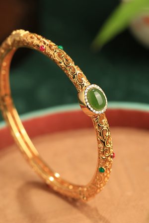 Vintage Floral Wire Bracelet in Natural Hetian Jade Green - High-End Chinese Style Women's Open Design in Pure Silver