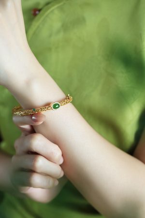 Vintage Floral Wire Bracelet in Natural Hetian Jade Green - High-End Chinese Style Women's Open Design in Pure Silver