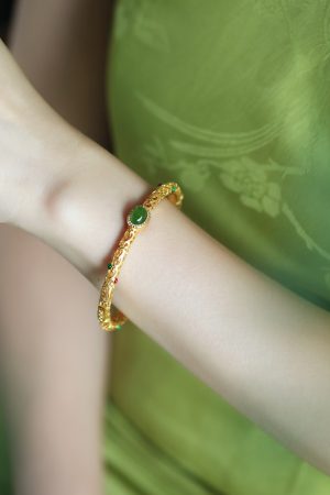Vintage Floral Wire Bracelet in Natural Hetian Jade Green - High-End Chinese Style Women's Open Design in Pure Silver