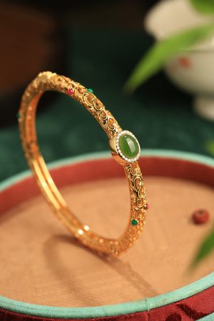 Vintage Floral Wire Bracelet in Natural Hetian Jade Green - High-End Chinese Style Women's Open Design in Pure Silver