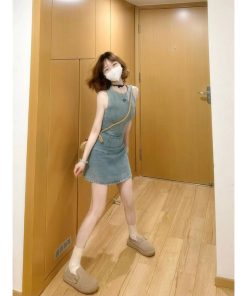 Vintage French Denim Embroidered Sleeveless Dress for Women - Waist-Cinching, Stylish Short Skirt for Summer, Niche Fashion Trend