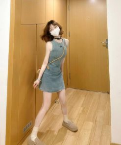 Vintage French Denim Embroidered Sleeveless Dress for Women - Waist-Cinching, Stylish Short Skirt for Summer, Niche Fashion Trend