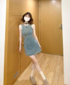 Vintage French Denim Embroidered Sleeveless Dress for Women - Waist-Cinching, Stylish Short Skirt for Summer, Niche Fashion Trend