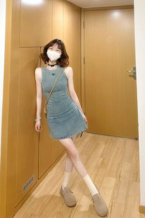 Vintage French Denim Embroidered Sleeveless Dress for Women - Waist-Cinching, Stylish Short Skirt for Summer, Niche Fashion Trend