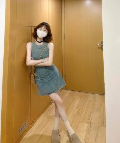 Vintage French Denim Embroidered Sleeveless Dress for Women - Waist-Cinching, Stylish Short Skirt for Summer, Niche Fashion Trend