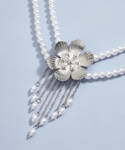 Vintage French Elegant Flower Pearl Tassel Choker Necklace for Women, Diamond Inlay Collarbone Chain