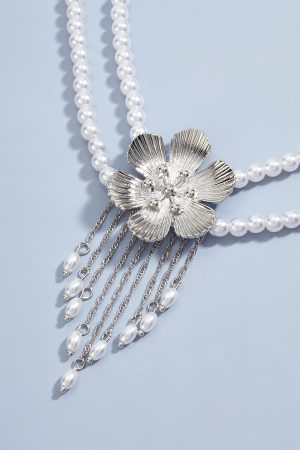 Vintage French Elegant Flower Pearl Tassel Choker Necklace for Women, Diamond Inlay Collarbone Chain