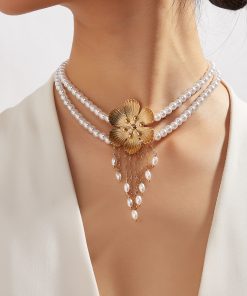 Vintage French Elegant Flower Pearl Tassel Choker Necklace for Women, Diamond Inlay Collarbone Chain
