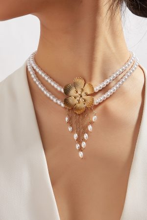 Vintage French Elegant Flower Pearl Tassel Choker Necklace for Women, Diamond Inlay Collarbone Chain