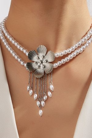Vintage French Elegant Flower Pearl Tassel Choker Necklace for Women, Diamond Inlay Collarbone Chain