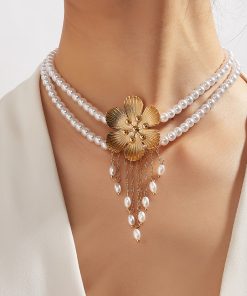 Vintage French Elegant Flower Pearl Tassel Choker Necklace for Women, Diamond Inlay Collarbone Chain