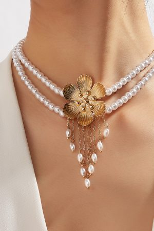 Vintage French Elegant Flower Pearl Tassel Choker Necklace for Women, Diamond Inlay Collarbone Chain