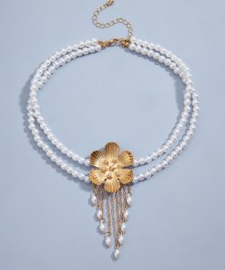 Vintage French Elegant Flower Pearl Tassel Choker Necklace for Women, Diamond Inlay Collarbone Chain