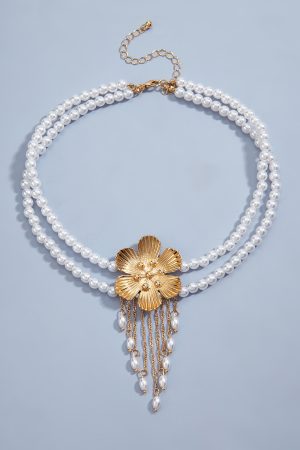 Vintage French Elegant Flower Pearl Tassel Choker Necklace for Women, Diamond Inlay Collarbone Chain