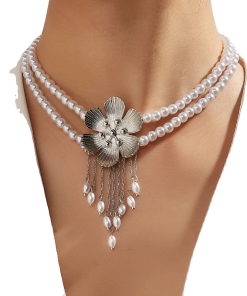 Vintage French Elegant Flower Pearl Tassel Choker Necklace for Women, Diamond Inlay Collarbone Chain
