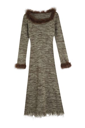 Vintage French Fluffy Tassel Striped Long Sleeve Dress for Women - Waist-Cinching Elegant Autumn Winter Style with Inner Layer Skirt