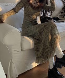 Vintage French Fluffy Tassel Striped Long Sleeve Dress for Women - Waist-Cinching Elegant Autumn Winter Style with Inner Layer Skirt