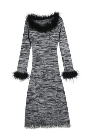 Vintage French Fluffy Tassel Striped Long Sleeve Dress for Women - Waist-Cinching Elegant Autumn Winter Style with Inner Layer Skirt