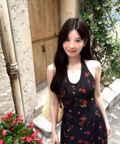 Vintage French Halter Rose Print Dress for Women, Elegant Waist-Cinching Summer Dress, High-Quality Vacation Style, Floral Design