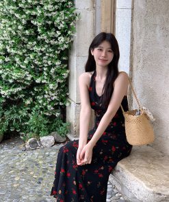 Vintage French Halter Rose Print Dress for Women, Elegant Waist-Cinching Summer Dress, High-Quality Vacation Style, Floral Design