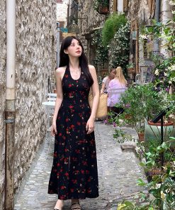 Vintage French Halter Rose Print Dress for Women, Elegant Waist-Cinching Summer Dress, High-Quality Vacation Style, Floral Design