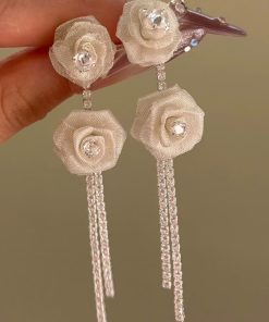 Vintage French Lace Rose Tassel Earrings - Elegant Studs with Light Luxury and Sweet Charm for Fashion Lovers