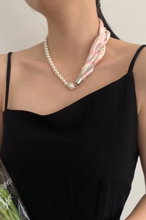 Vintage French Pearl Silk Scarf Necklace with Cashew Flower Ribbon - Elegant Small Neck Scarf and Clavicle Chain for Women