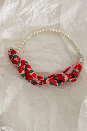 Vintage French Pearl Silk Scarf Necklace with Cashew Flower Ribbon - Elegant Small Neck Scarf and Clavicle Chain for Women