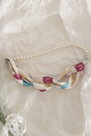 Vintage French Pearl Silk Scarf Necklace with Cashew Flower Ribbon - Elegant Small Neck Scarf and Clavicle Chain for Women