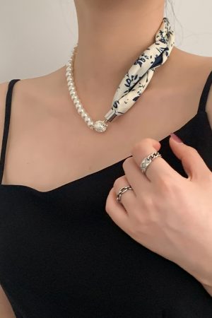 Vintage French Pearl Silk Scarf Necklace with Cashew Flower Ribbon - Elegant Small Neck Scarf and Clavicle Chain for Women
