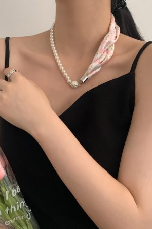 Vintage French Pearl Silk Scarf Necklace with Cashew Flower Ribbon - Elegant Small Neck Scarf and Clavicle Chain for Women
