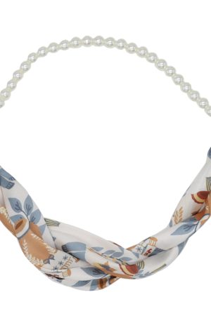 Vintage French Pearl Silk Scarf Necklace with Cashew Flower Ribbon - Elegant Small Neck Scarf and Clavicle Chain for Women