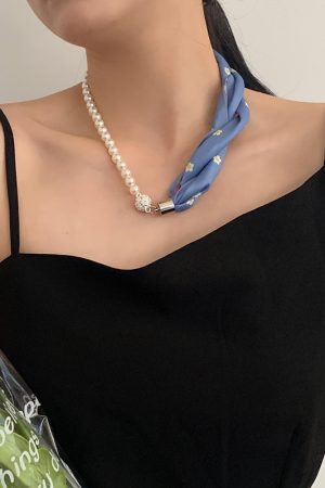 Vintage French Pearl Silk Scarf Necklace with Cashew Flower Ribbon - Elegant Small Neck Scarf and Clavicle Chain for Women