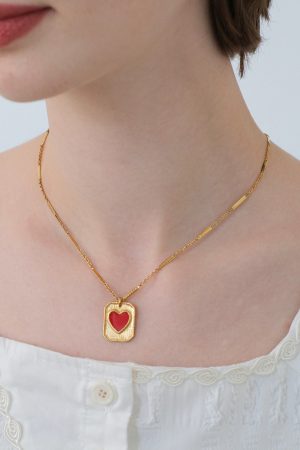 Vintage French Red Heart Pendant Necklace for Women - Layered Square Design, Elegant Collarbone Sweater Chain, Retro Fashion Accessory