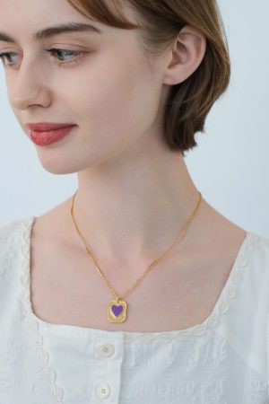 Vintage French Red Heart Pendant Necklace for Women - Layered Square Design, Elegant Collarbone Sweater Chain, Retro Fashion Accessory