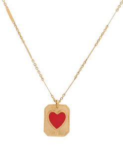 Vintage French Red Heart Pendant Necklace for Women - Layered Square Design, Elegant Collarbone Sweater Chain, Retro Fashion Accessory