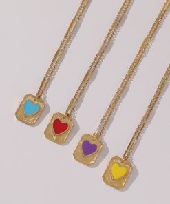 Vintage French Red Heart Pendant Necklace for Women - Layered Square Design, Elegant Collarbone Sweater Chain, Retro Fashion Accessory