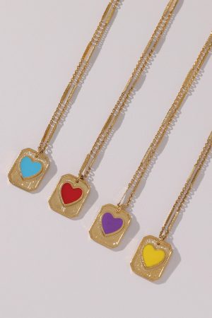 Vintage French Red Heart Pendant Necklace for Women - Layered Square Design, Elegant Collarbone Sweater Chain, Retro Fashion Accessory