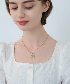 Vintage French Red Heart Pendant Necklace for Women - Layered Square Design, Elegant Collarbone Sweater Chain, Retro Fashion Accessory