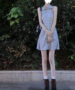 Vintage French Sleeveless Plaid Shirt Dress for Women, Waist-Cinching Trendy Polo Style Short Summer Dress