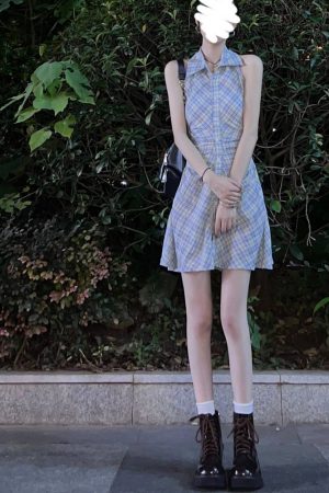 Vintage French Sleeveless Plaid Shirt Dress for Women, Waist-Cinching Trendy Polo Style Short Summer Dress